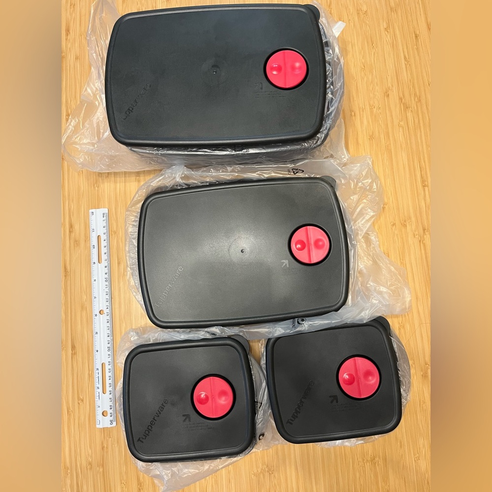 Tupperware Black Food Storage Containers with Red Vents - Set of 4